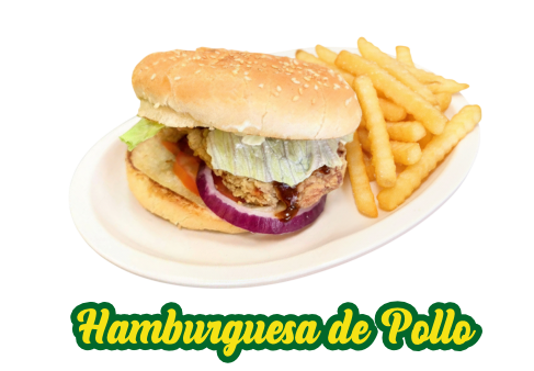 <big>Hamburguesa de Pollo</big><br /> - Crujiente Pechuga De Pollo, Marinada Con BBQ, lechuga, Tomate, Cebolla y Acompañado De Papas Fritas <br/><mark><b>MX$99.00</b></mark> ( Los Precios puede Variar).